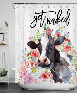 Watercolor Flower Cow Shower Curtain with Rustic Board Farmhouse Decor