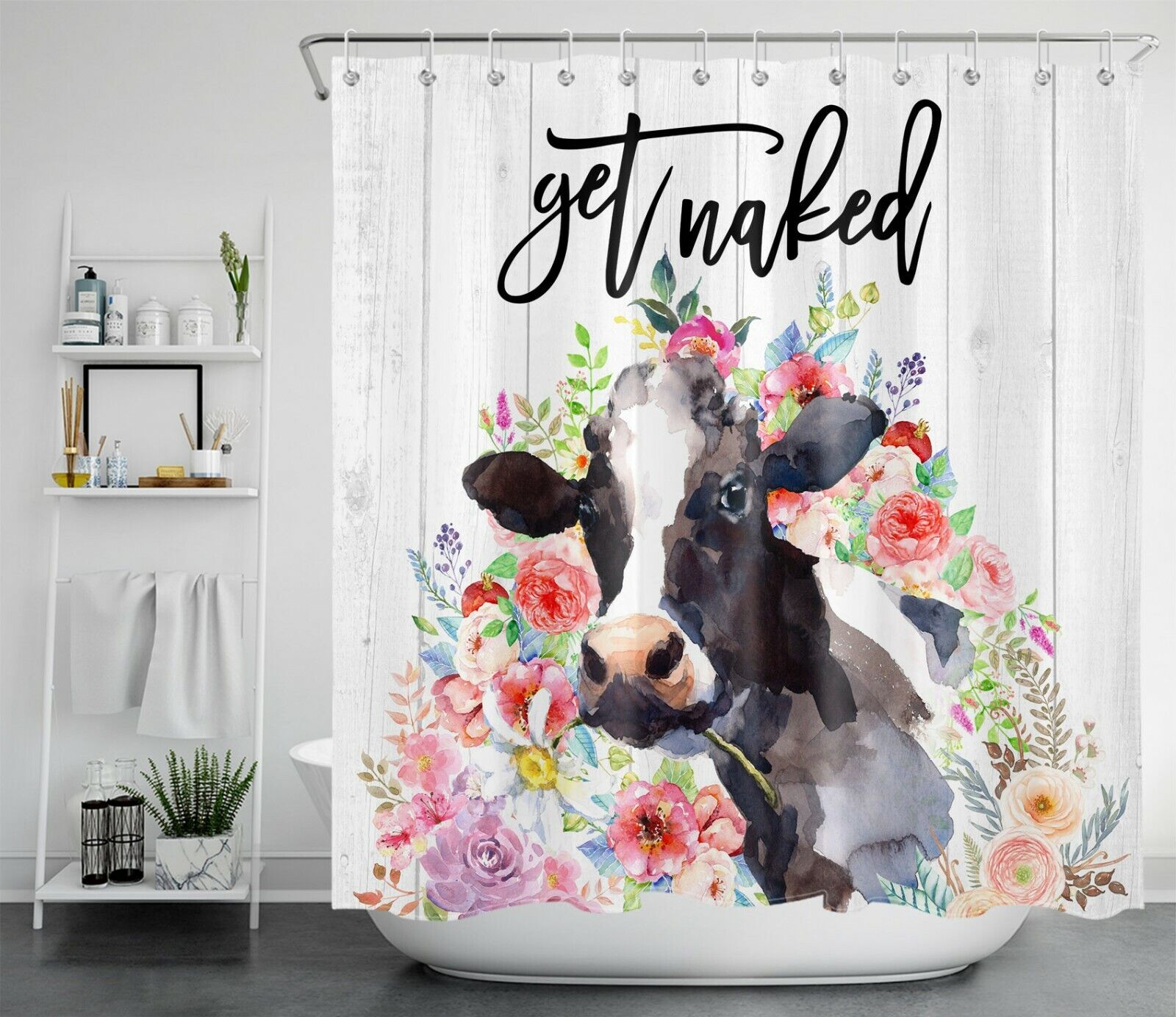 Watercolor Flower Cow Shower Curtain with Rustic Board Farmhouse Decor