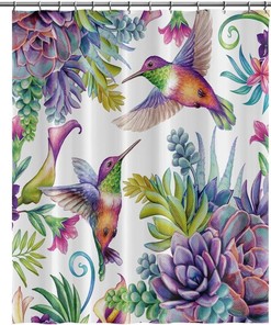 Watercolor Flower Purple Floral Hummingbird Succulents Calla Lily Fabric Shower Curtain - Bathroom Bath Curtains