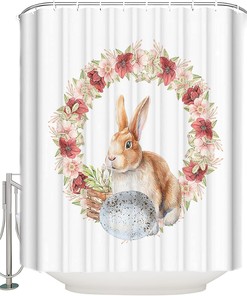 Watercolor Flowers Wreath Easter Bunny Egg Shower Curtain for a Festive Bath Decor