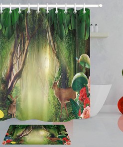 Watercolor Forest Flowers and Mushroom Deer Shower Curtain - Bathroom Fabric