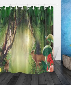 Watercolor Forest Flowers and Mushroom Deer Shower Curtain - Bathroom Fabric