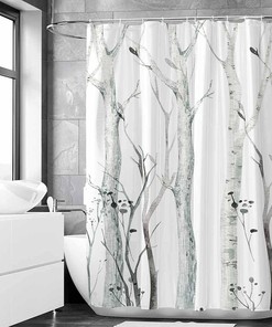 Watercolor Forest Shower Curtain: Abstract Nature Landscape Bath Decor with Rustic Woodland Branches