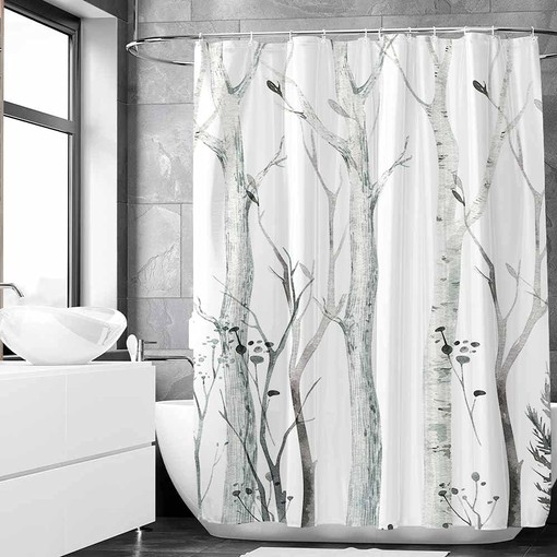 Watercolor Forest Shower Curtain: Abstract Nature Landscape Bath Decor with Rustic Woodland Branches