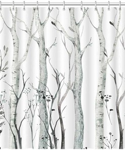Watercolor Forest Shower Curtain: Abstract Nature Landscape Bath Decor with Rustic Woodland Branches