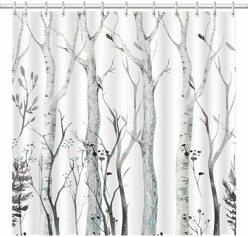 Watercolor Forest Shower Curtain: Abstract Nature Landscape Bath Decor with Rustic Woodland Branches