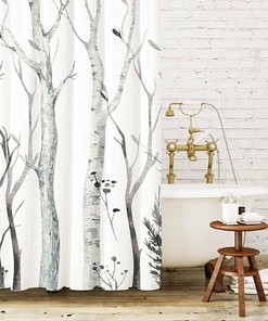Watercolor Forest Shower Curtain: Abstract Nature Landscape Bath Decor with Rustic Woodland Branches