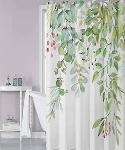 Watercolor Green Hanging Leaf Waterproof Shower Curtain - Washroom Home Decor