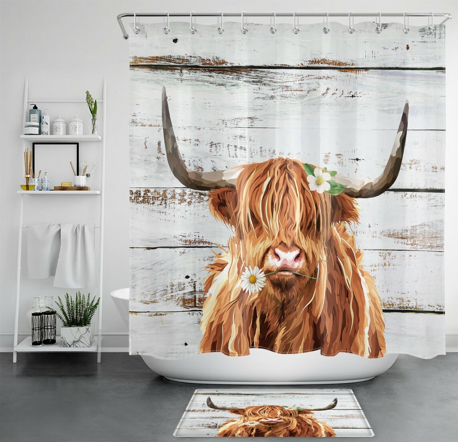 Watercolor Highland Cow Shower Curtain with Rustic Board Farmhouse Style for Bathroom Accessories