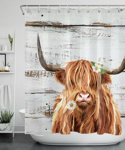 Watercolor Highland Cow Shower Curtain with Rustic Board Farmhouse Style for Bathroom Accessories