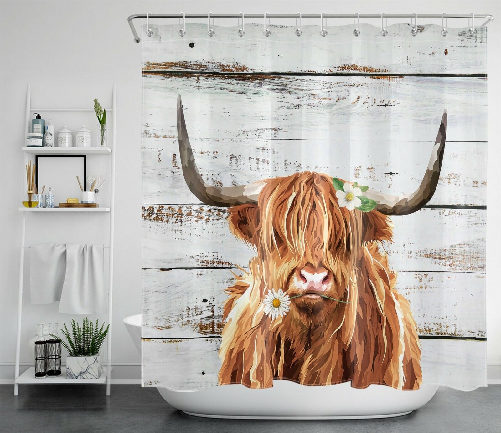 Watercolor Highland Cow Shower Curtain with Rustic Board Farmhouse Style for Bathroom Accessories