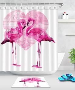 Watercolor Pink Love Flamingos Waterproof Shower Curtain - Bathroom Home Decor