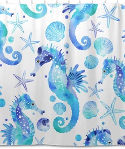 Watercolor Seahorse Fabric Shower Curtain - Blue Bathroom Spa Decor - Waterproof 