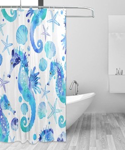 Watercolor Seahorse Fabric Shower Curtain - Blue Bathroom Spa Decor - Waterproof