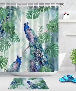 Watercolor Tropical Leaves Monstera Peacock Waterfall Shower Curtain for a Chic Bath Decor