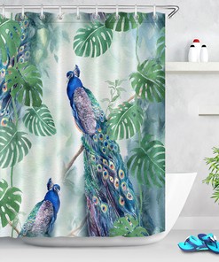 Watercolor Tropical Leaves Monstera Peacock Waterfall Shower Curtain for a Chic Bath Decor