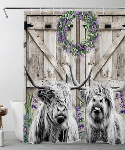 Western Highland Cow Shower Curtain with Purple Lavender Floral on Rustic Barn Door | Fabric Bath Curtain for Your Bathroom