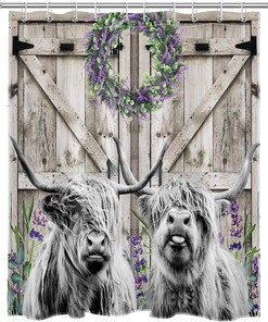 Western Highland Cow Shower Curtain with Purple Lavender Floral on Rustic Barn Door | Fabric Bath Curtain for Your Bathroom