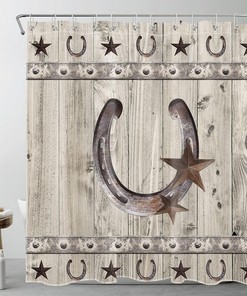 Western Texas Star Shower Curtain with Country Grey Wooden Plank Eesign for Rustic Farmhouse Bathroom Decor