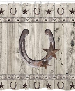 Western Texas Star Shower Curtain with Country Grey Wooden Plank Eesign for Rustic Farmhouse Bathroom Decor