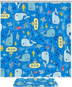 Whale and Shark Submarine Shower Curtain for Modern Bathroom Decor
