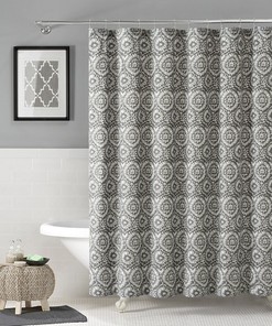 White IKAT Floral Geometric Shower Curtain for Bathroom