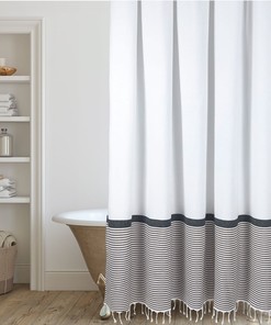 White Shower Curtain with Stripes and Tassels for Modern Farmhouse-Inspired Bathroom Decor by Hall & Perry