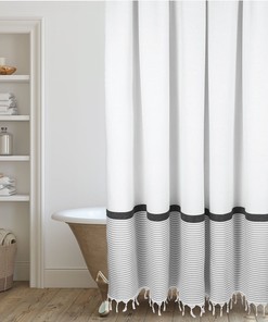 White Shower Curtain with Stripes and Tassels for Modern Farmhouse-Inspired Bathroom Decor by Hall & Perry