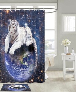 White Tiger and Earth Bathroom Shower Curtain - Wildlife Decor