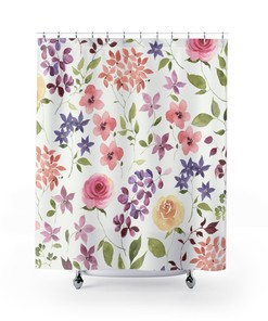 White and Pink Roses Floral Shower Curtain for Bathroom Decor
