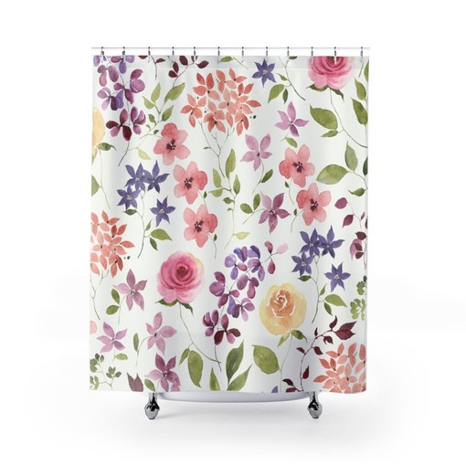 White and Pink Roses Floral Shower Curtain for Bathroom Decor