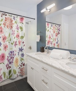 White and Pink Roses Floral Shower Curtain for Bathroom Decor