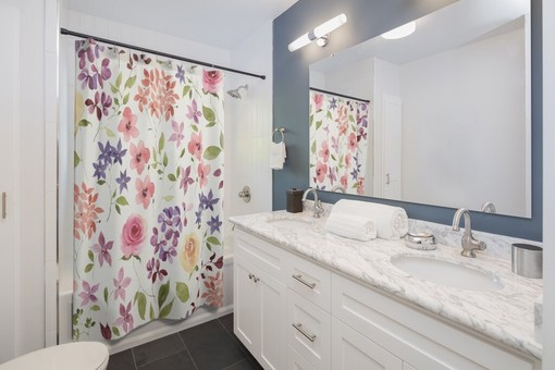 White and Pink Roses Floral Shower Curtain for Bathroom Decor