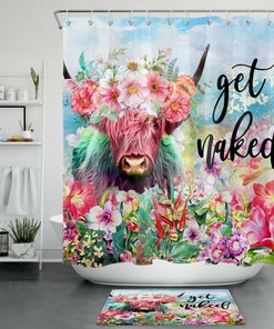 Wild Highland Cow and Words Watercolor Shower Curtain, Fabric Bathroom Curtain for Fun Bathroom Decor and Housewarming Gift