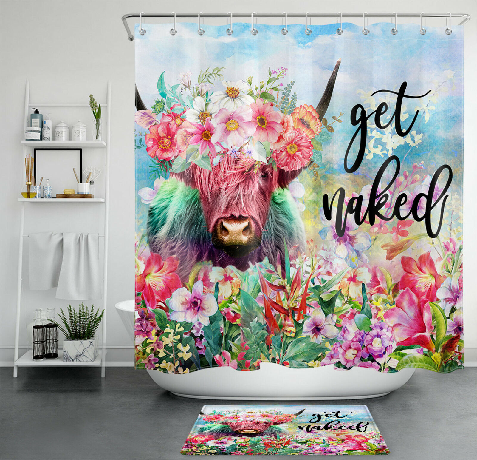 Wild Highland Cow and Words Watercolor Shower Curtain, Fabric Bathroom Curtain for Fun Bathroom Decor and Housewarming Gift