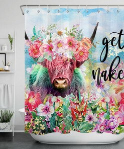 Wild Highland Cow and Words Watercolor Shower Curtain, Fabric Bathroom Curtain for Fun Bathroom Decor and Housewarming Gift