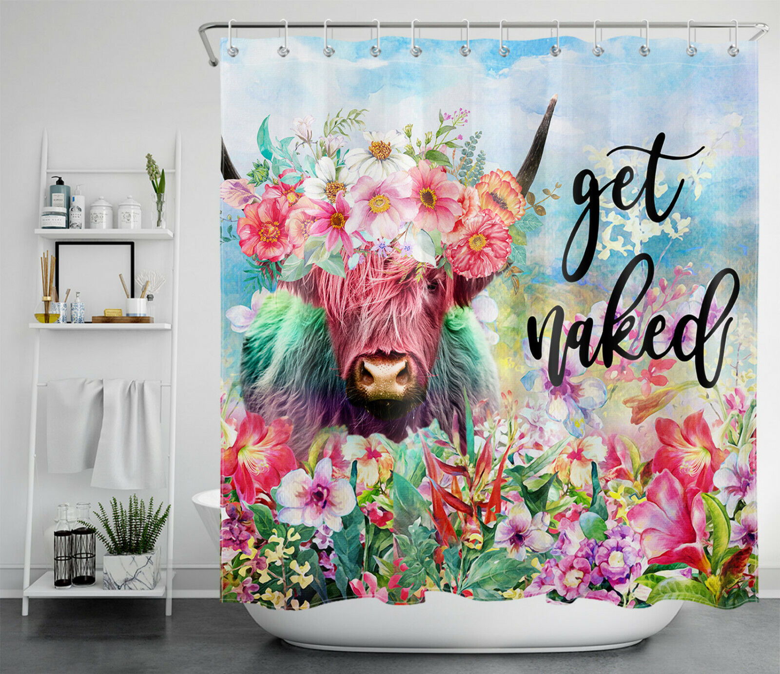 Wild Highland Cow and Words Watercolor Shower Curtain, Fabric Bathroom Curtain for Fun Bathroom Decor and Housewarming Gift