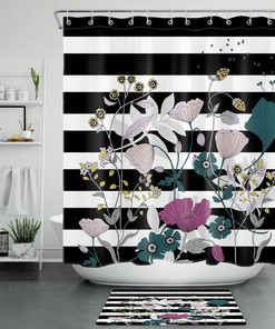 Wildflower Black and White Shower Curtain with Botanical Floral Stripes - Bathroom Decor