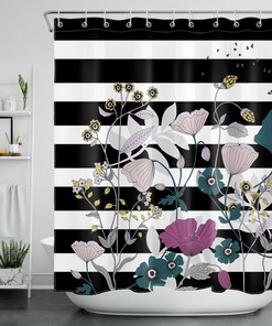 Wildflower Black and White Shower Curtain with Botanical Floral Stripes - Bathroom Decor