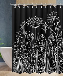 Wildflower Botanical Herbs Shower Curtain with Modern Black Plant Print - Rustic Bathroom Decor