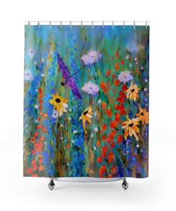 Wildflowers Dragonfly and Bee Shower Curtain - Floral Summer Cottage Core Art Gift for Her - Bathroom Decor