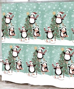 Winter Aqua Blue Shower Curtain with Whimsical Christmas Tree and Penguin Print