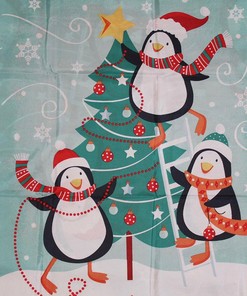 Winter Aqua Blue Shower Curtain with Whimsical Christmas Tree and Penguin Print