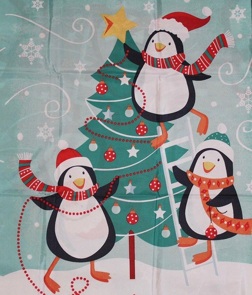 Winter Aqua Blue Shower Curtain with Whimsical Christmas Tree and Penguin Print