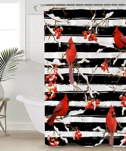 Winter Cardinals Berry Shower Curtain - Add Traditional Christmas Touch to Your Bathroom