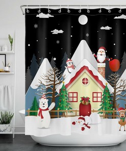 Winter Christmas Tree Moon Shower Curtain with Santa Snowman - Santa Collection