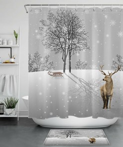 Winter Forest Deer Shower Curtain with Snowflake Print - Rustic Bathroom Accessories