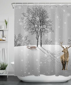Winter Forest Deer Shower Curtain with Snowflake Print - Rustic Bathroom Accessories
