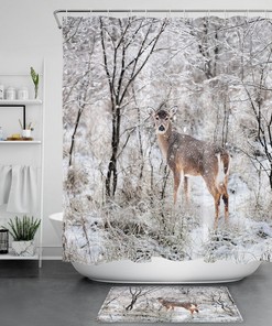 Winter Landscape Snow Forest Elk Shower Curtain for Bathroom and Washroom