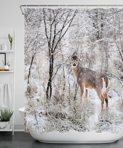 Winter Landscape Snow Forest Elk Shower Curtain for Bathroom and Washroom